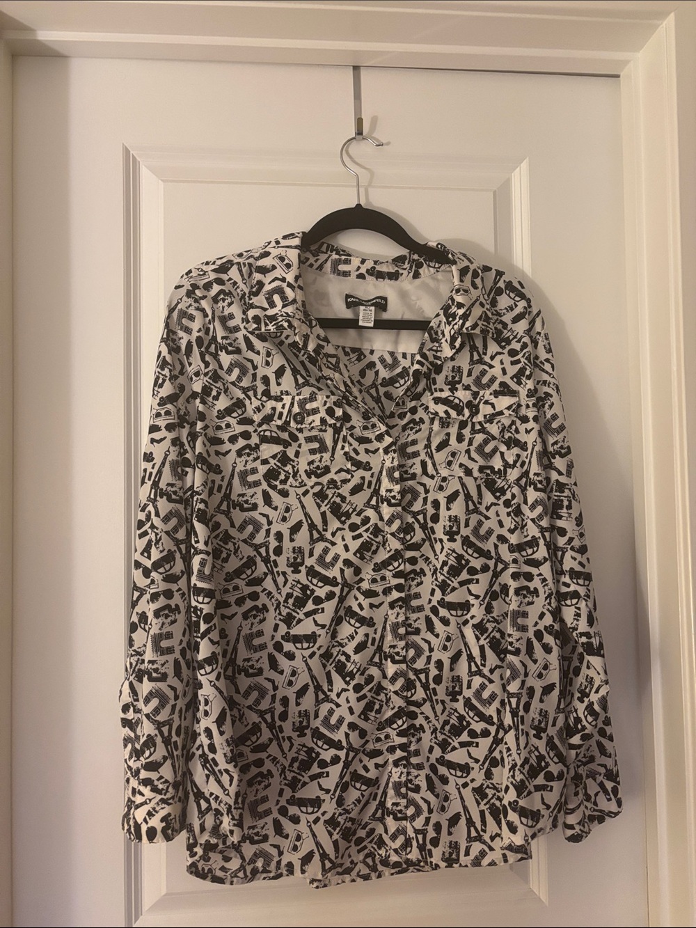 Karl Lagerfeld Black and White Printed Button-Up Blouse